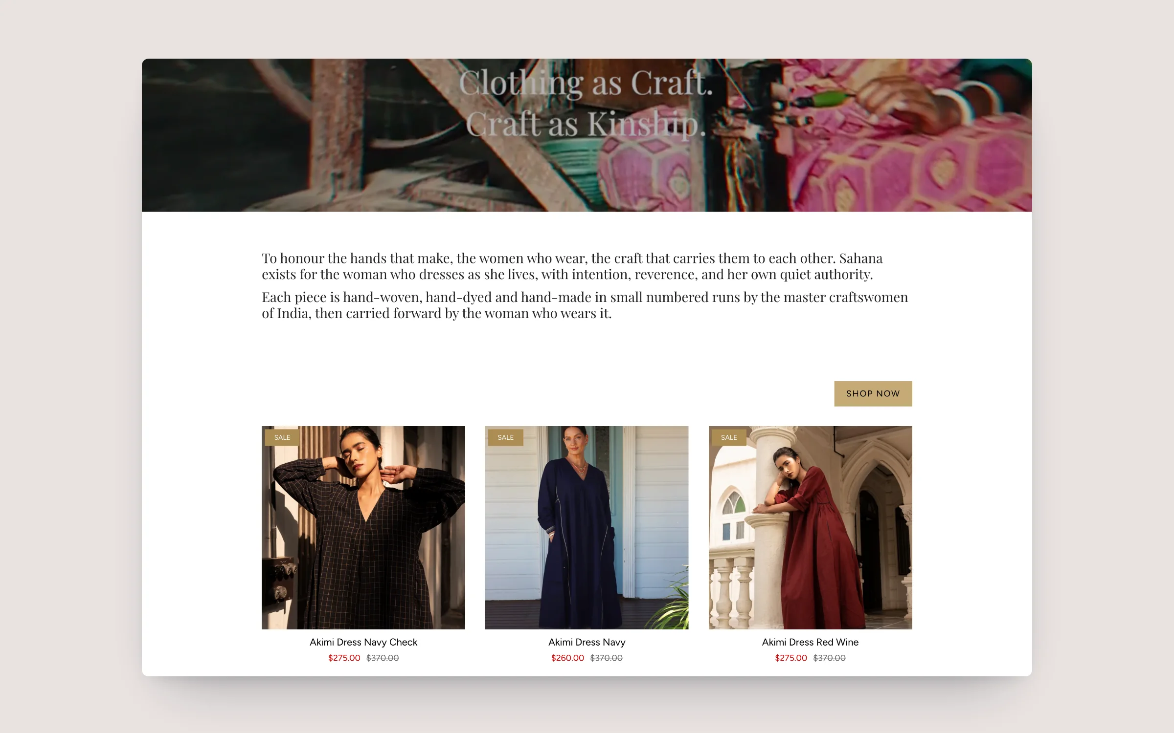Sahana homepage: Clothing as Craft, Craft as Kinship film banner above the brand story and featured dresses