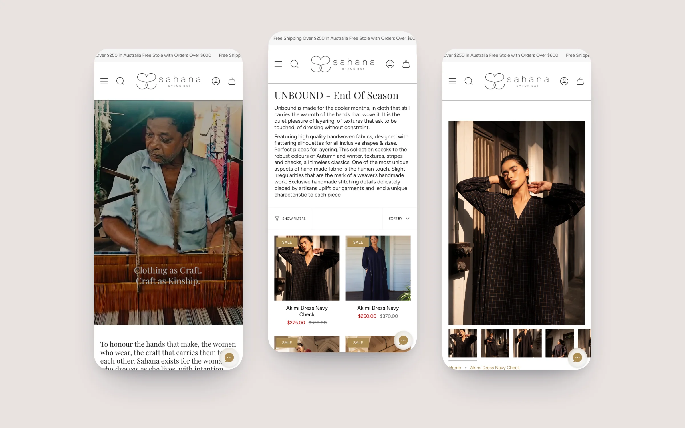 Sahana homepage, Unbound collection essay and dress product page on three phones