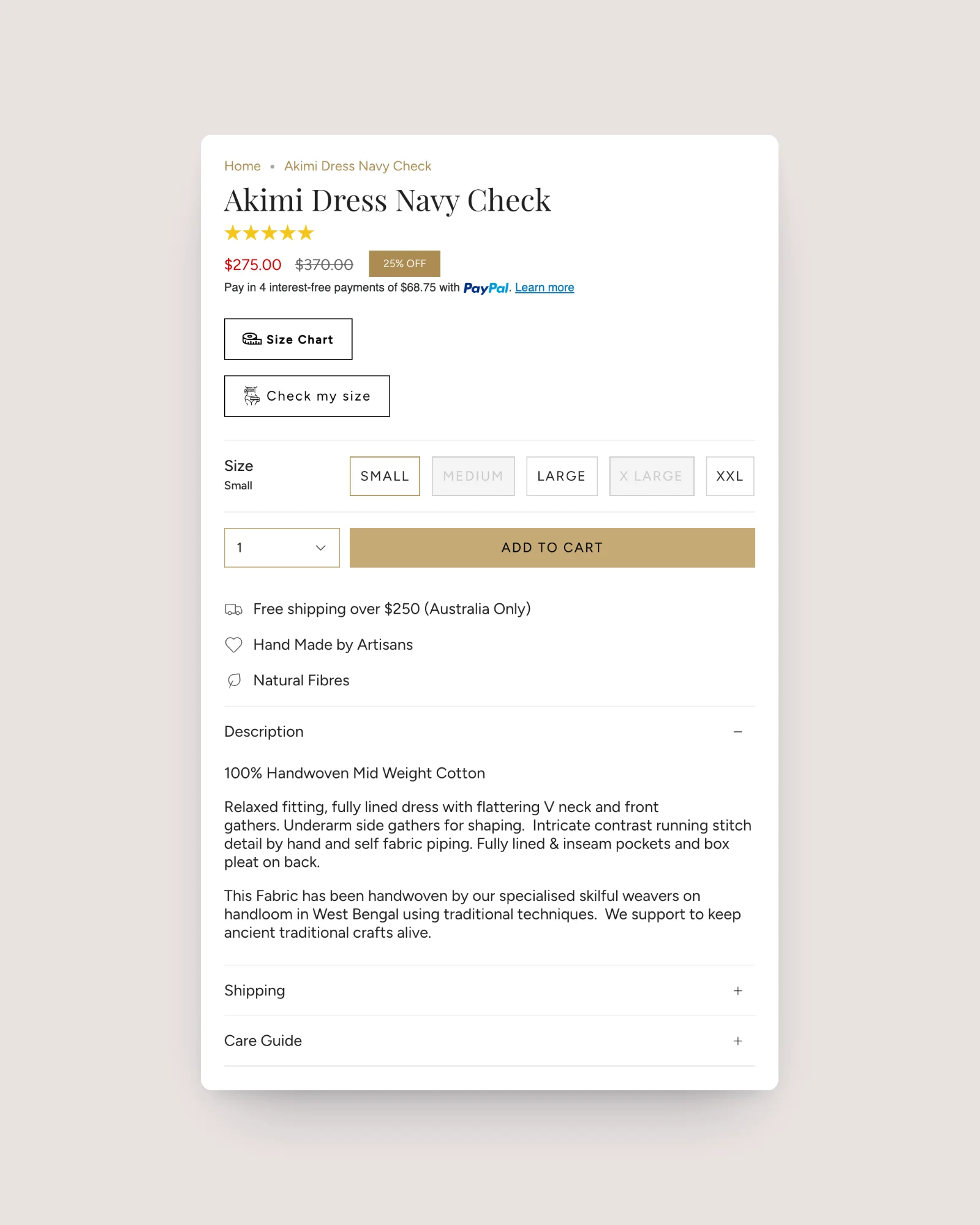 Close-up of the Sahana product buy box: size guide, sizes and price