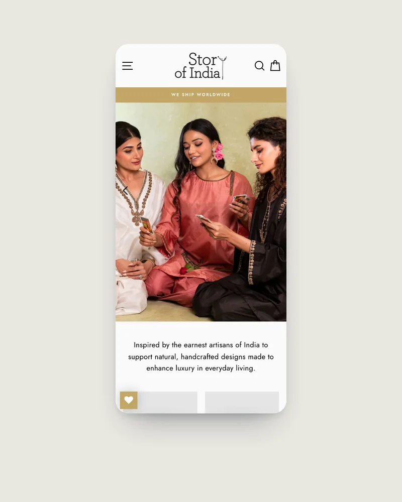 Story of India Shopify store on mobile, built by Tripster Developers