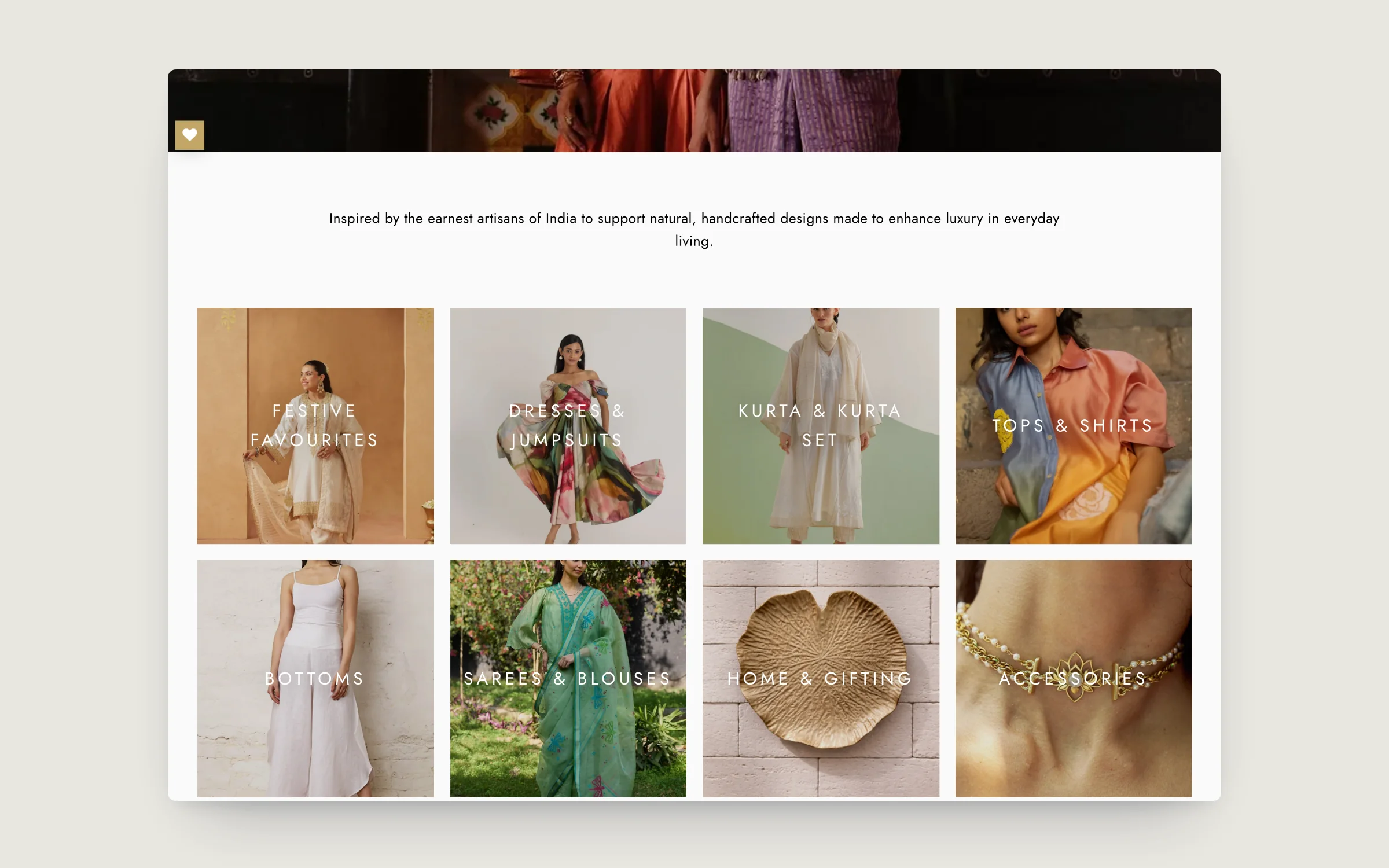 Story of India homepage category tiles: festive favourites, dresses, kurta sets, sarees, home and gifting