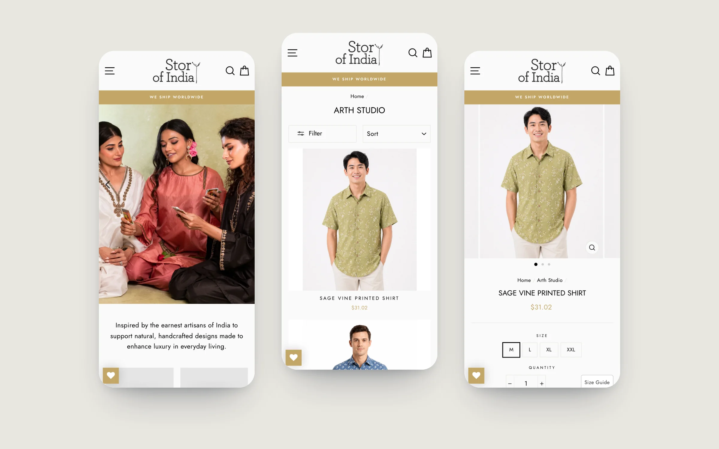 Story of India homepage, designer collection and shirt product page on three phones