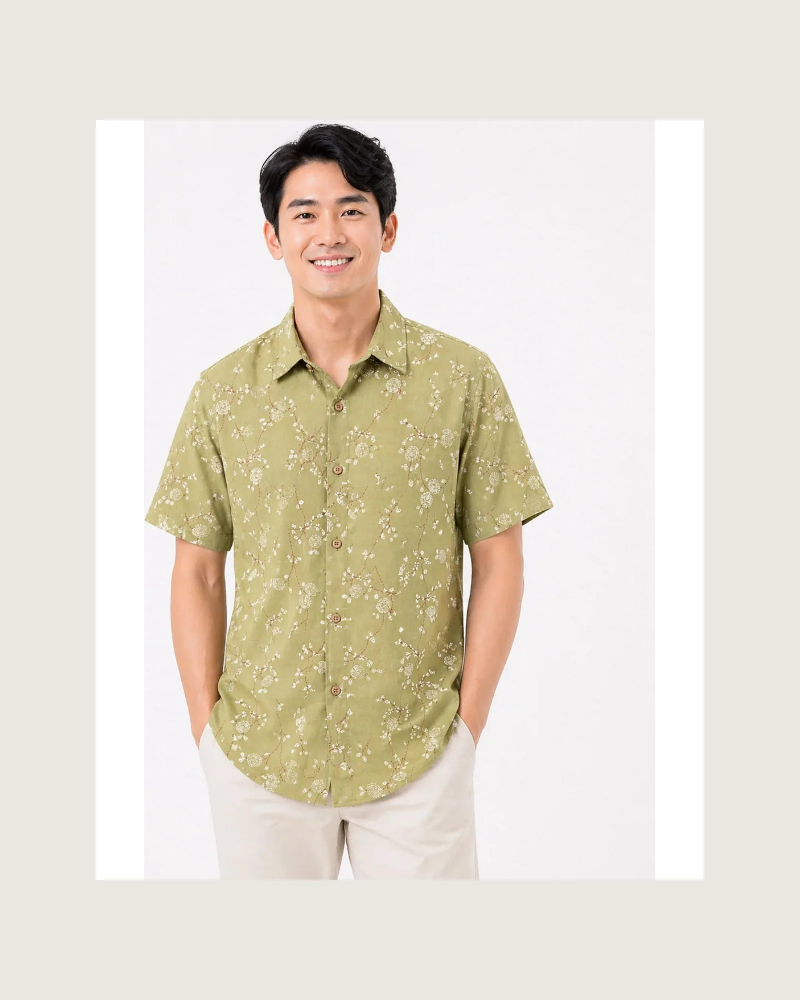 Model wearing a sage printed shirt from a Story of India designer label