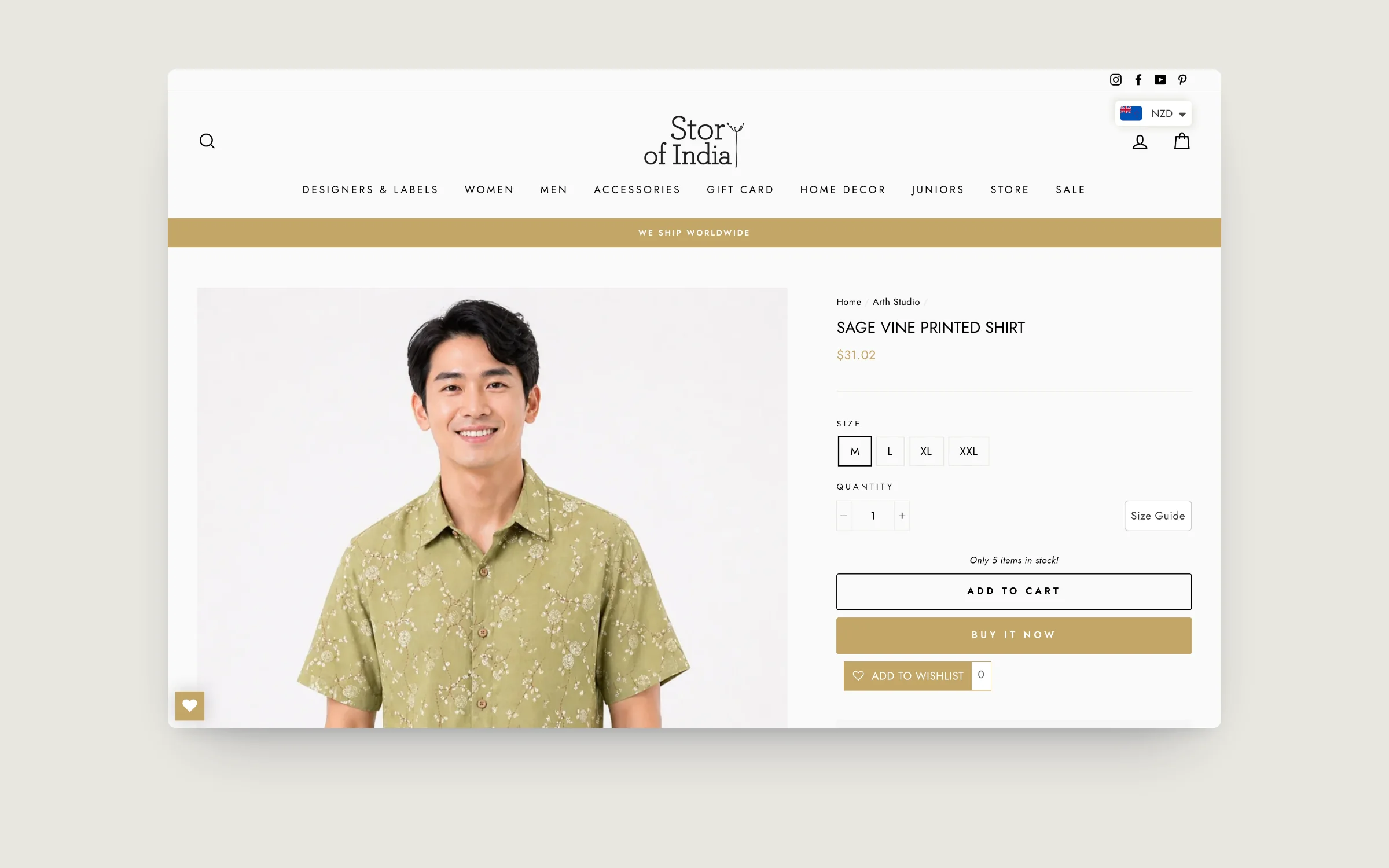 Story of India shirt product page with size chips, size guide, add to cart, buy it now and wishlist