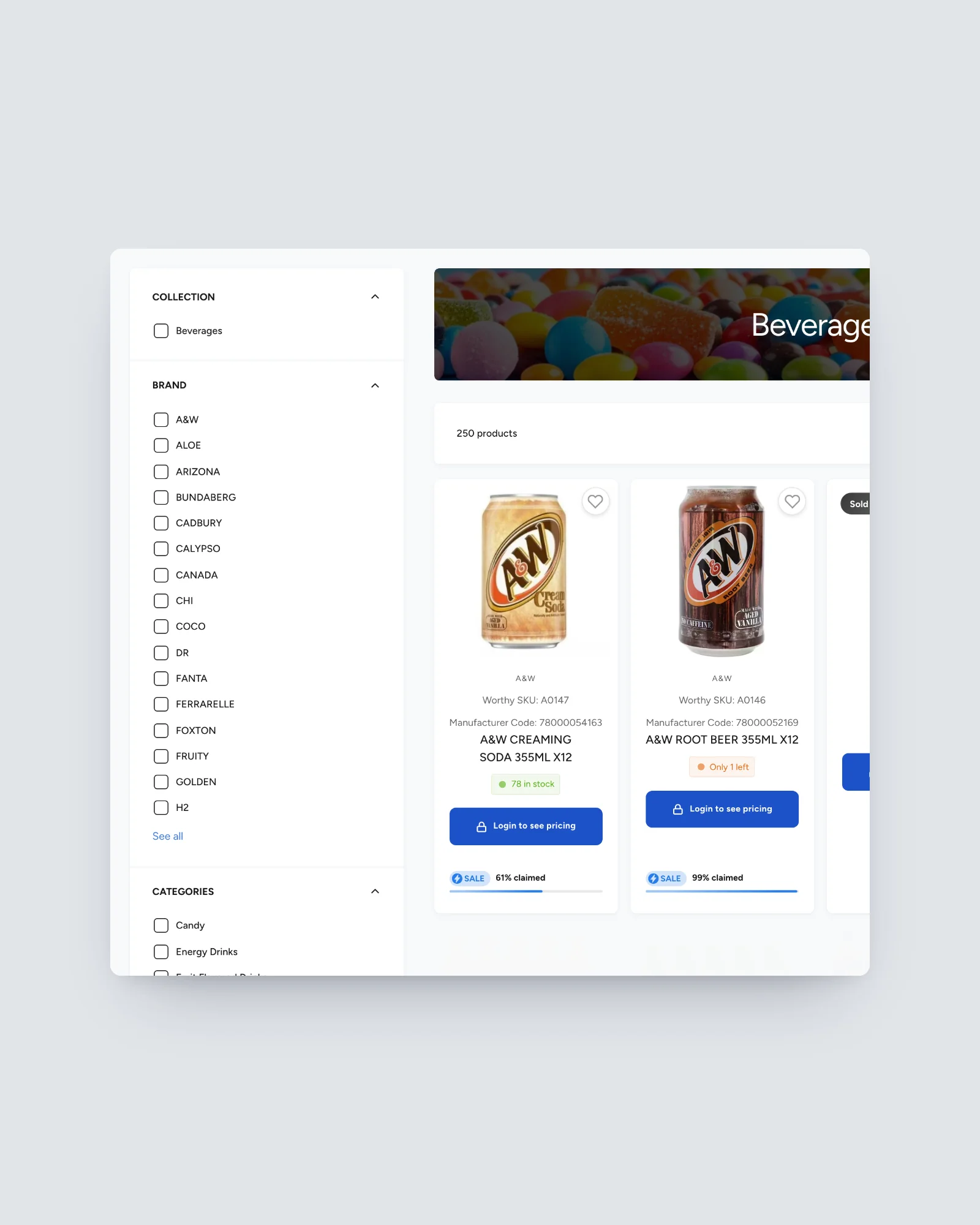 Worthy Products beverages collection with collection, brand and category filters and login to see pricing