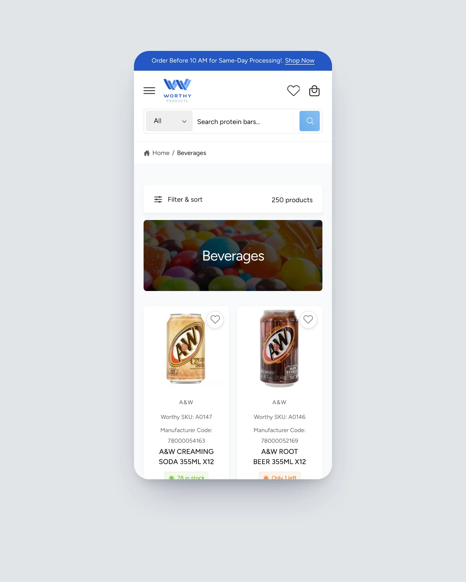 Worthy Products collection page on mobile
