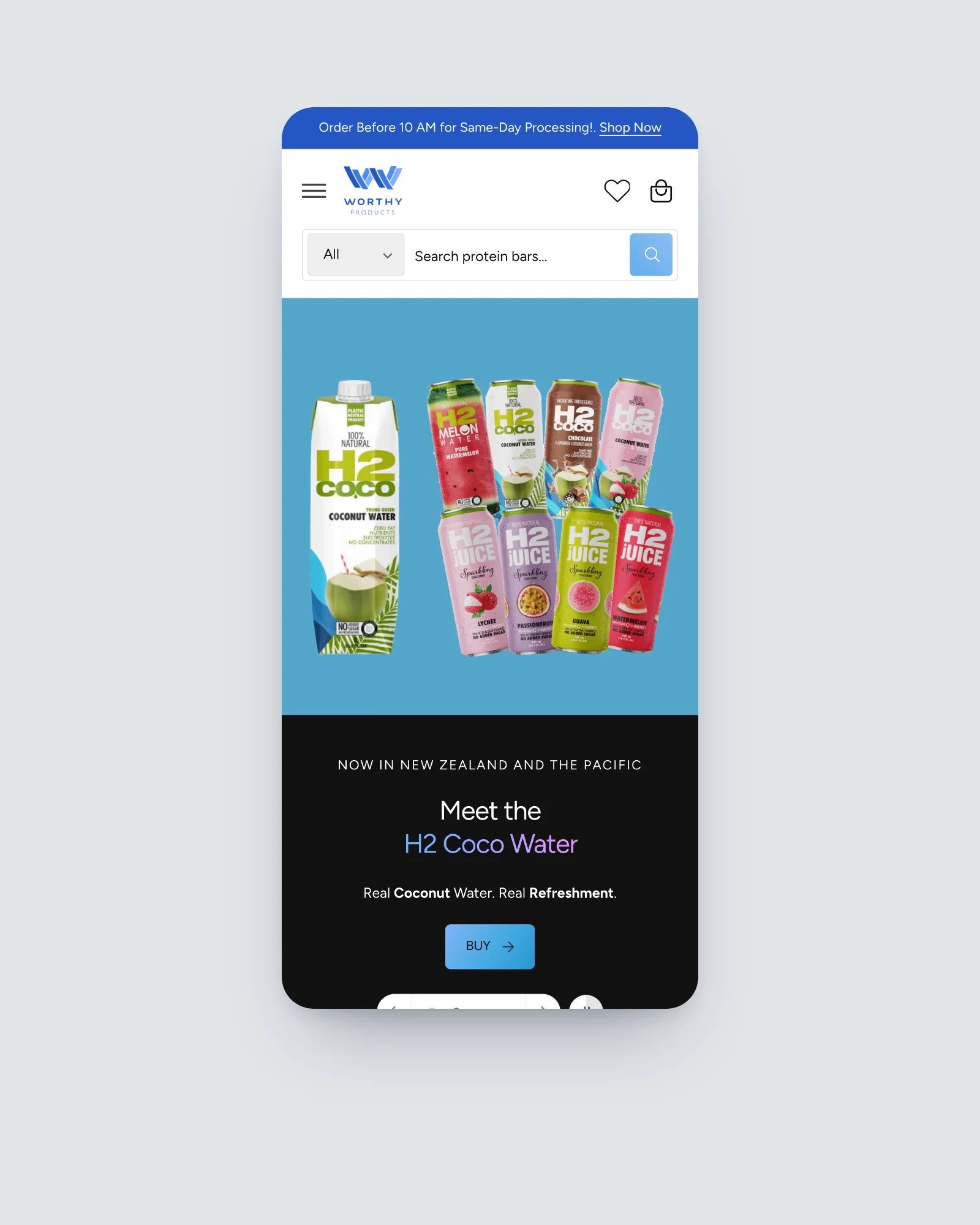 Worthy Products homepage on a phone with search and a coconut water brand campaign