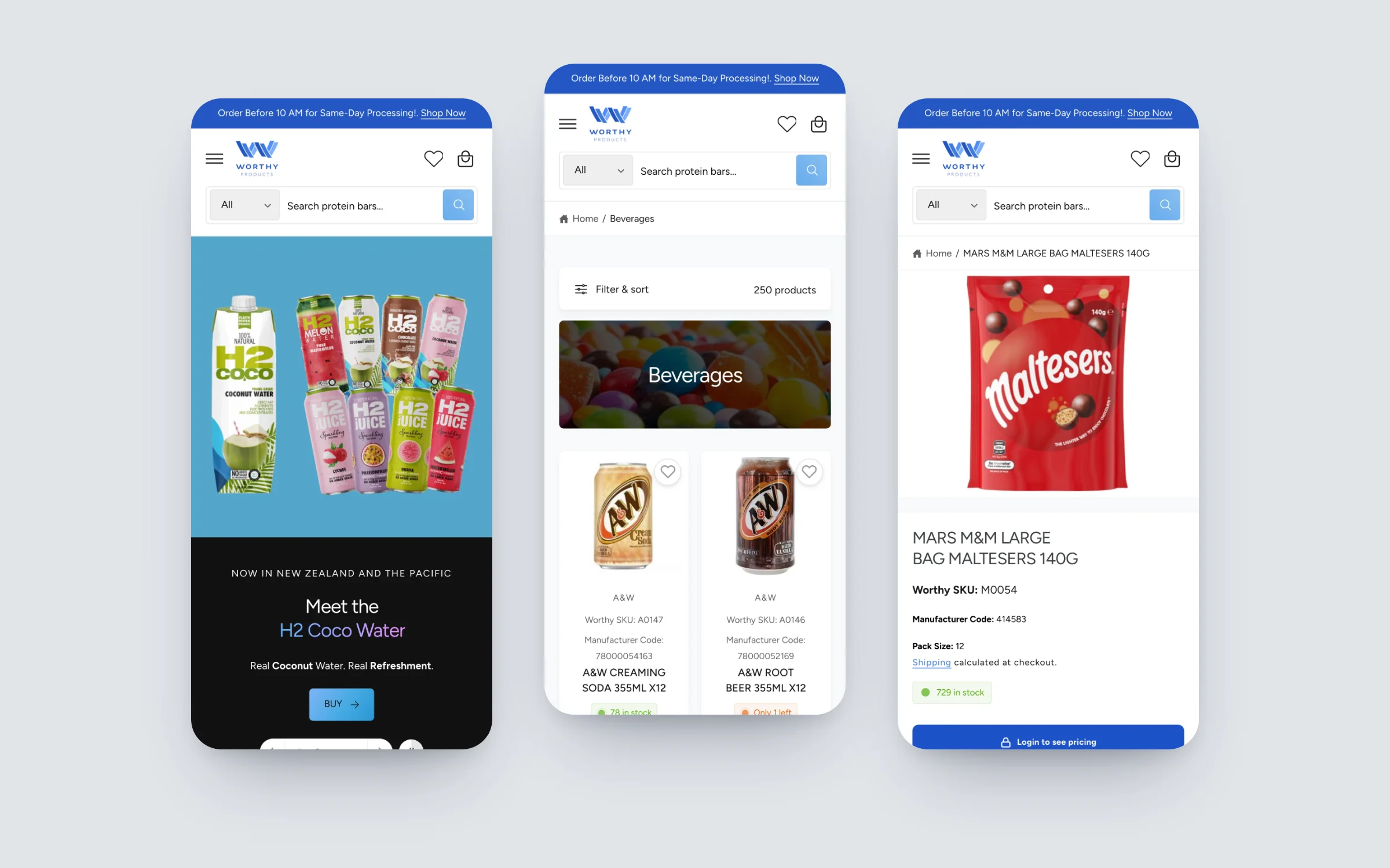 Worthy Products homepage, beverages collection and product page on three phones