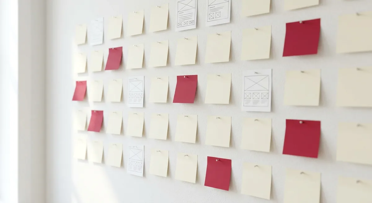 Studio wall of pinned wireframe sketches and planning notes for a Shopify store build