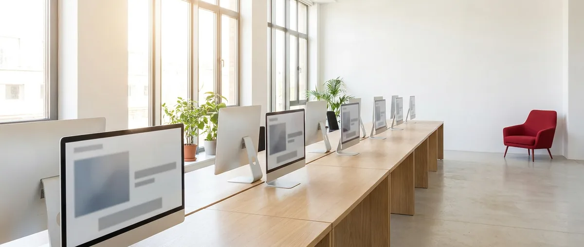 Open-plan Shopify development studio with workstations along a sunlit window wall