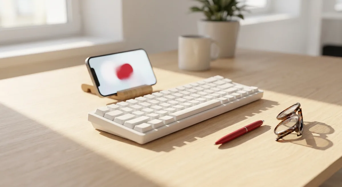 Developer desk with a mechanical keyboard and a phone on a stand previewing a Shopify product page