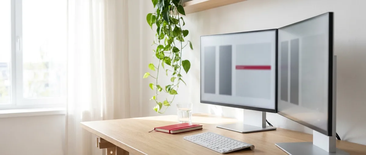 Shopify developer workstation with two monitors showing theme code and a storefront layout in progress
