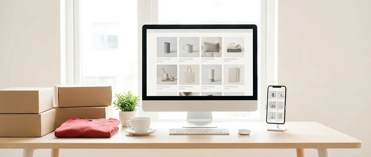 Ecommerce studio desk with a Shopify storefront product grid on a desktop monitor and the same store shown on a phone, beside packed shipping boxes