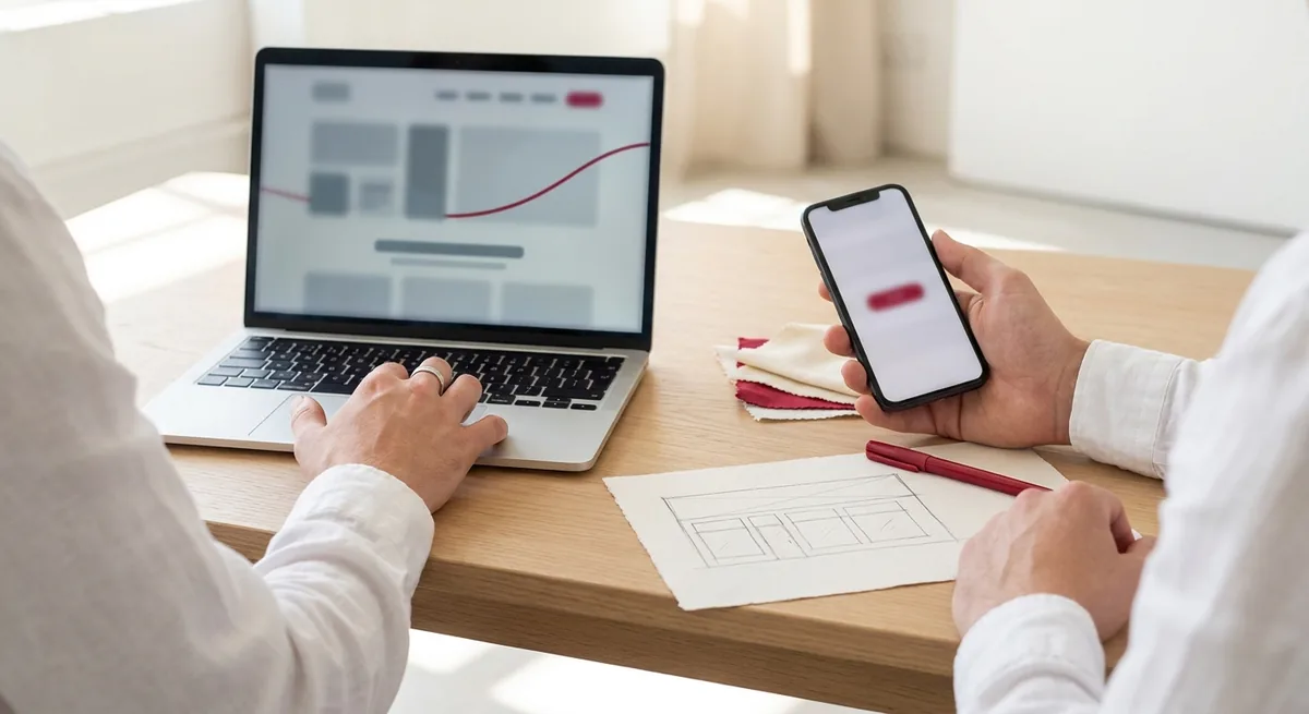 Shopify developer and designer reviewing a store dashboard on a laptop and a product page on a phone, with a hand-drawn storefront wireframe on the desk