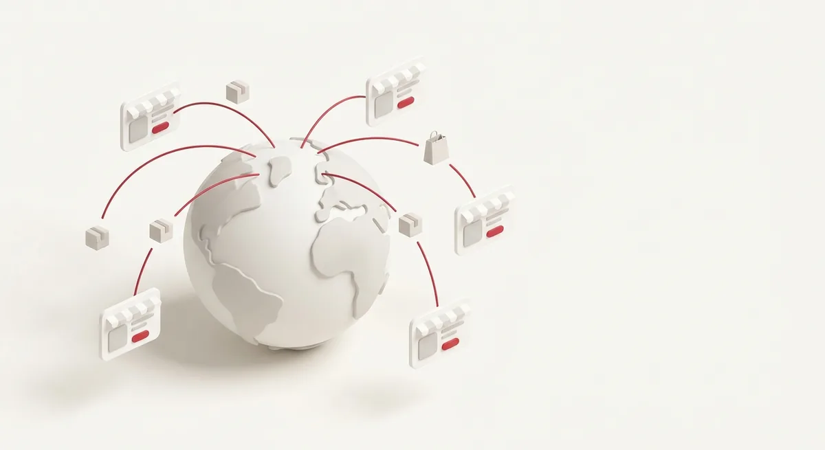 Globe linked by curved lines to five storefront panels, representing Shopify stores built and supported across international markets
