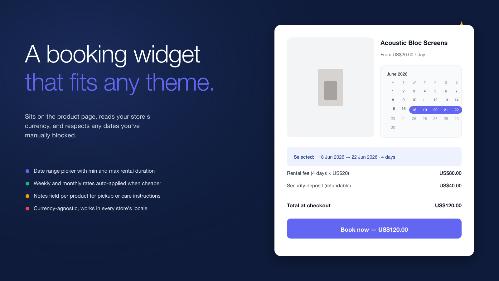 Miko Product Rentals date picker on a Shopify product page