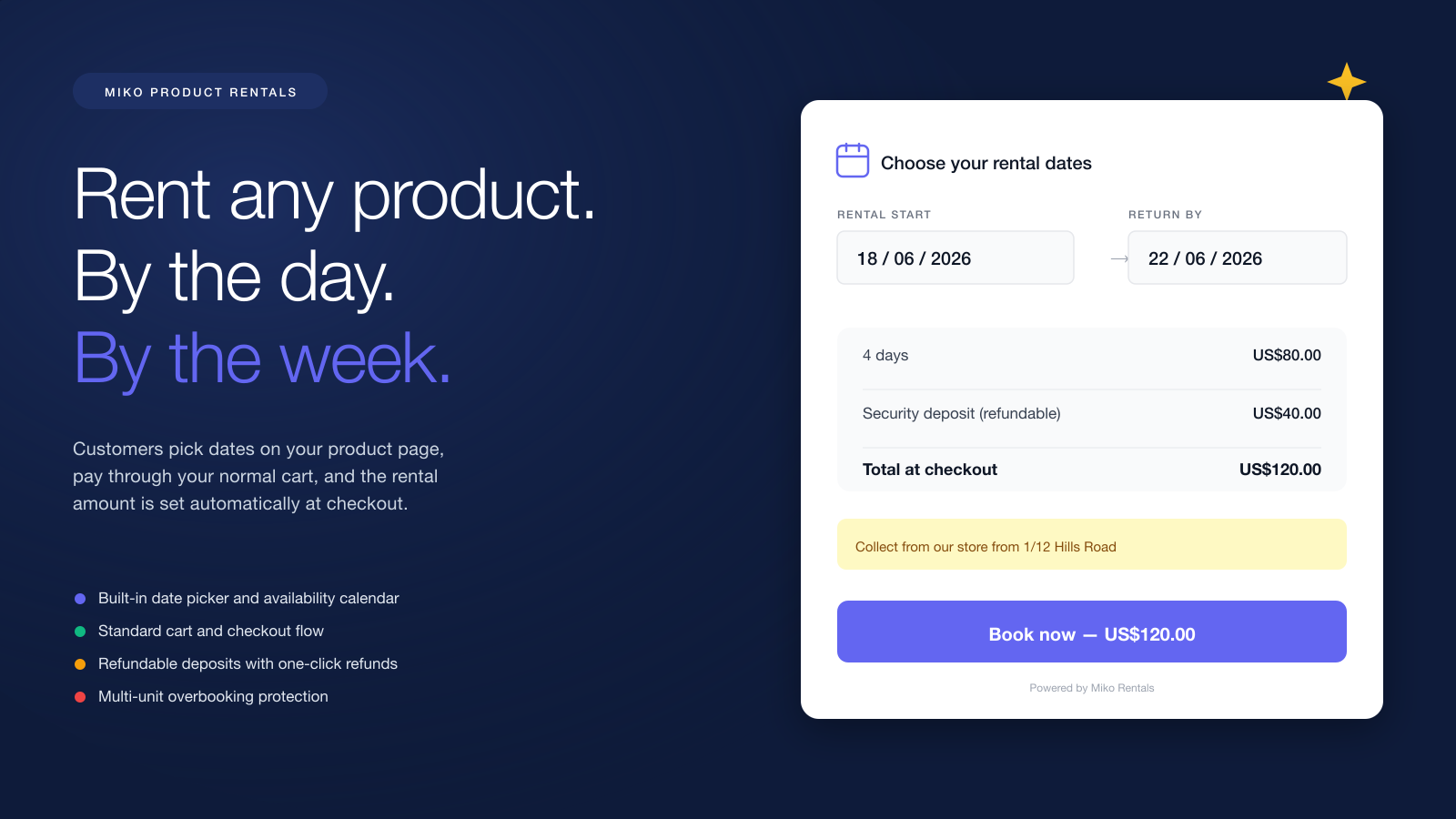 Miko Product Rentals app showing booking calendar and rental management dashboard