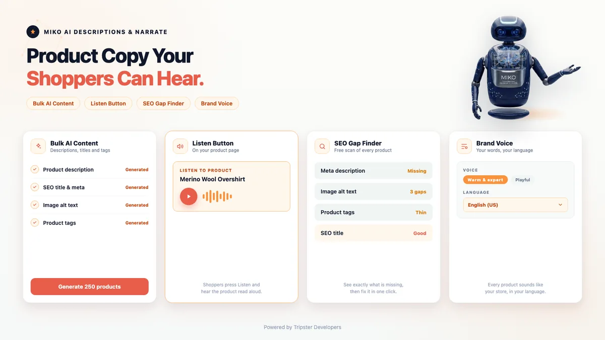 Miko AI Descriptions and Narrate Shopify app by Tripster Developers, showing bulk AI product descriptions and the storefront Listen button