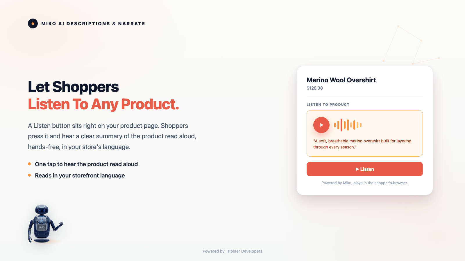 Miko storefront Listen button reading a product summary aloud