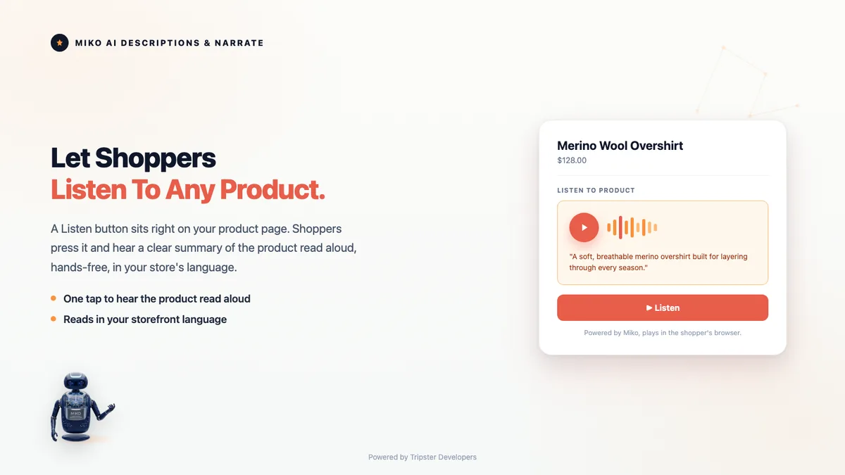 Miko storefront Listen button reading a product summary aloud