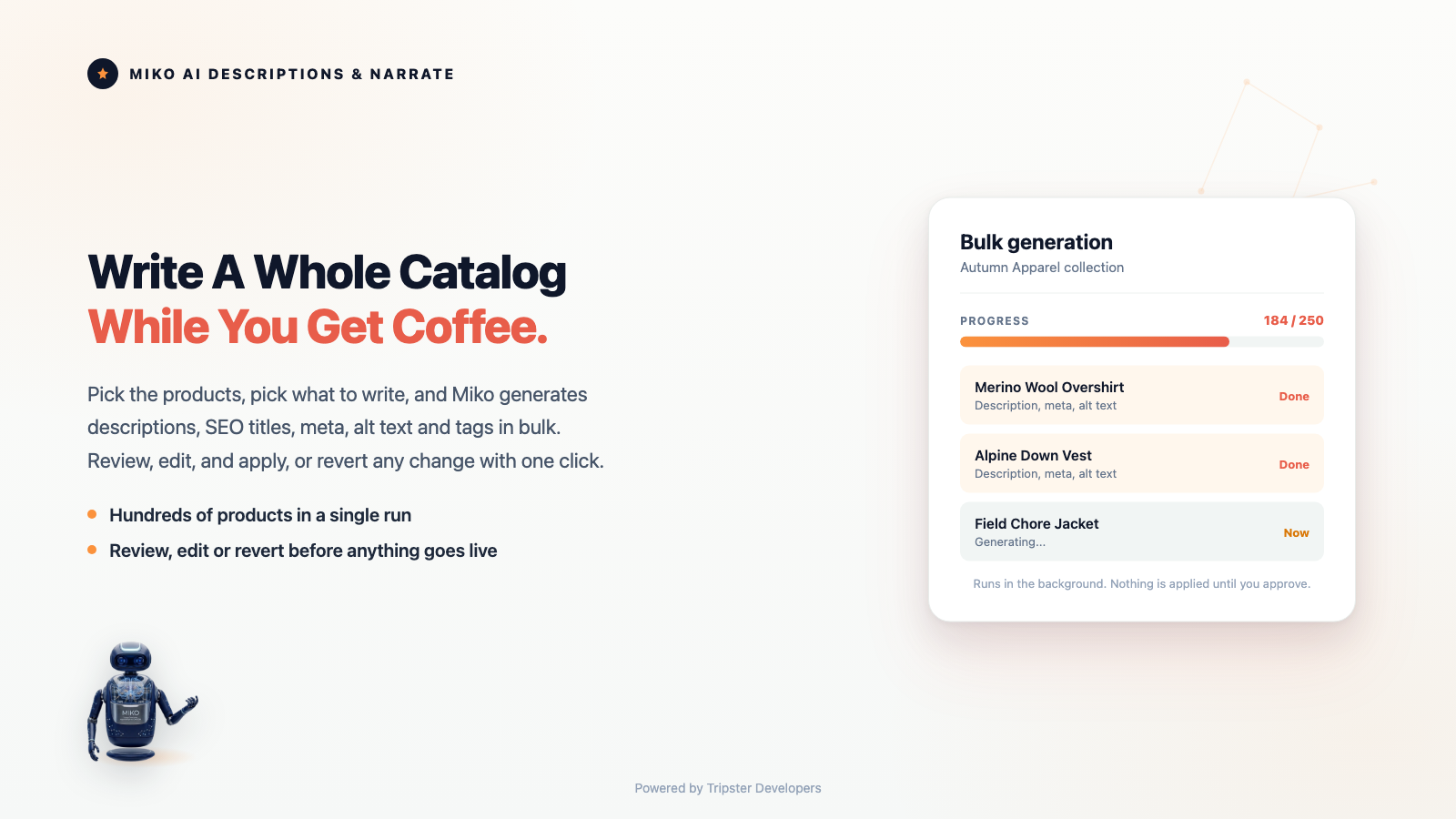 Miko bulk generation writing descriptions and SEO content for a whole collection