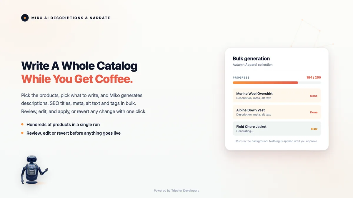 Miko bulk generation writing descriptions and SEO content for a whole collection