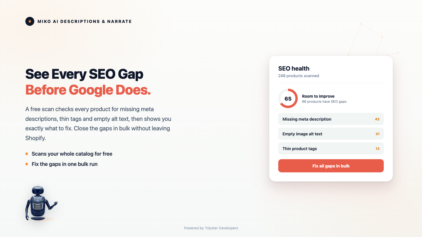 Miko SEO gap finder showing missing meta descriptions, alt text and tags