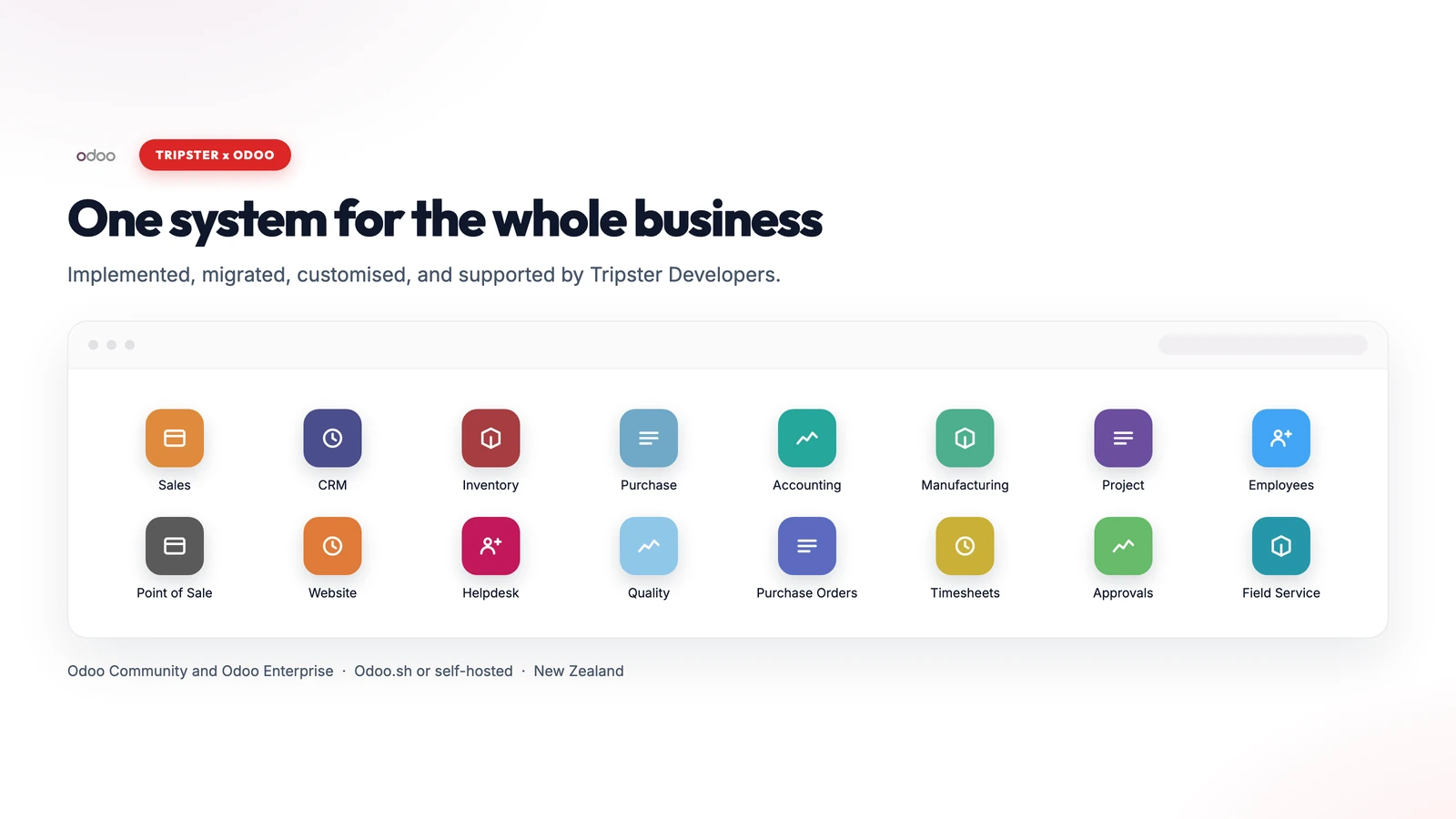 Odoo modules covered by Tripster Developers: sales, inventory, purchasing, accounting, manufacturing, projects