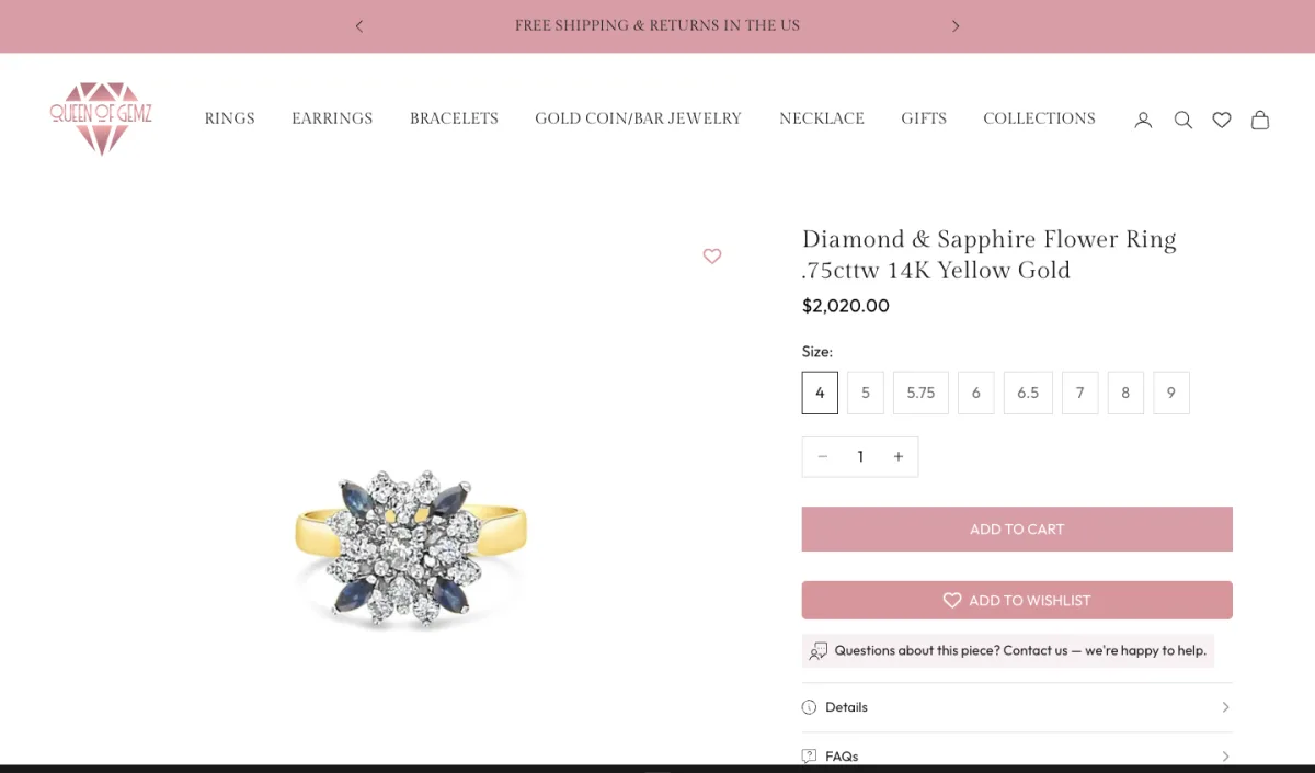 Queen of Gemz Houston fine jewelry Shopify store revamp by Tripster Developers
