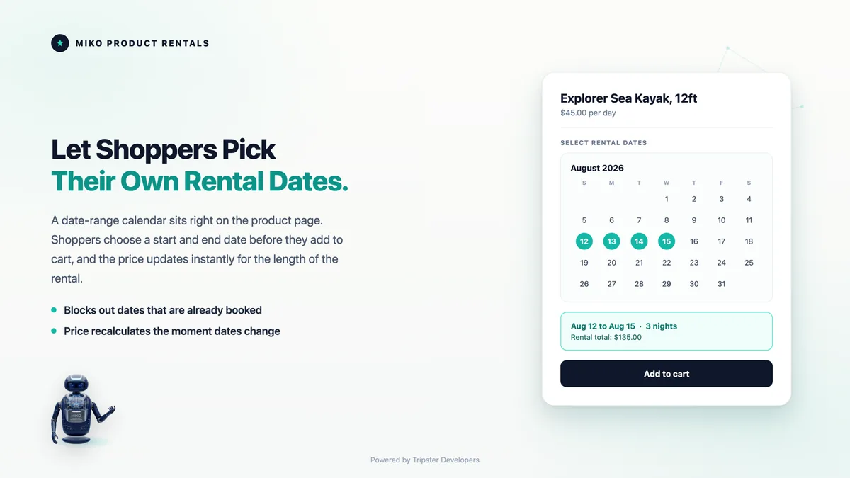 Miko Product Rentals date picker on a Shopify product page