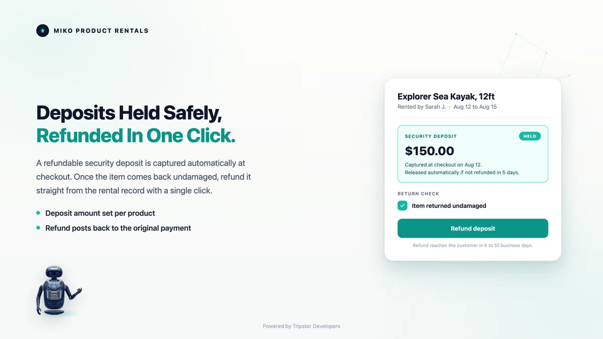 Miko Product Rentals deposit collection and one-click refund controls