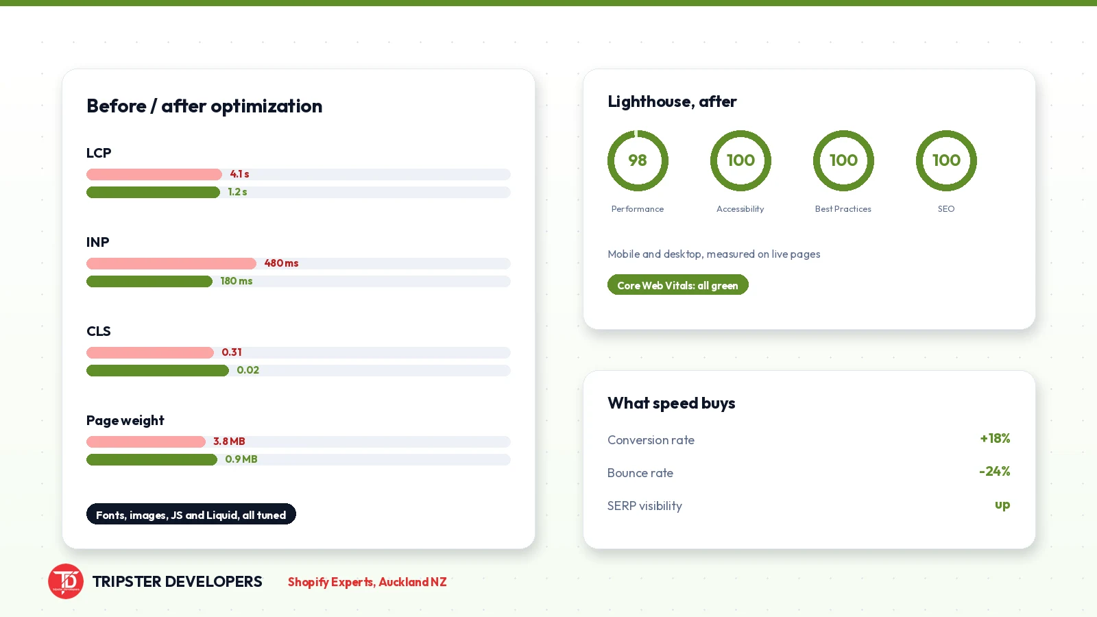 Core Web Vitals performance scores achieved by Tripster Developers