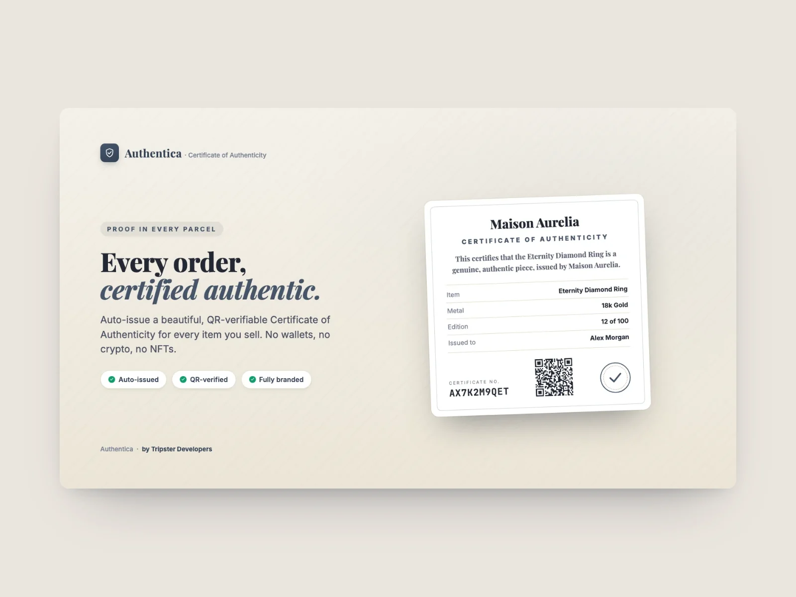 Authentica: COA Certificates, a Shopify app designed and built by Tripster Developers