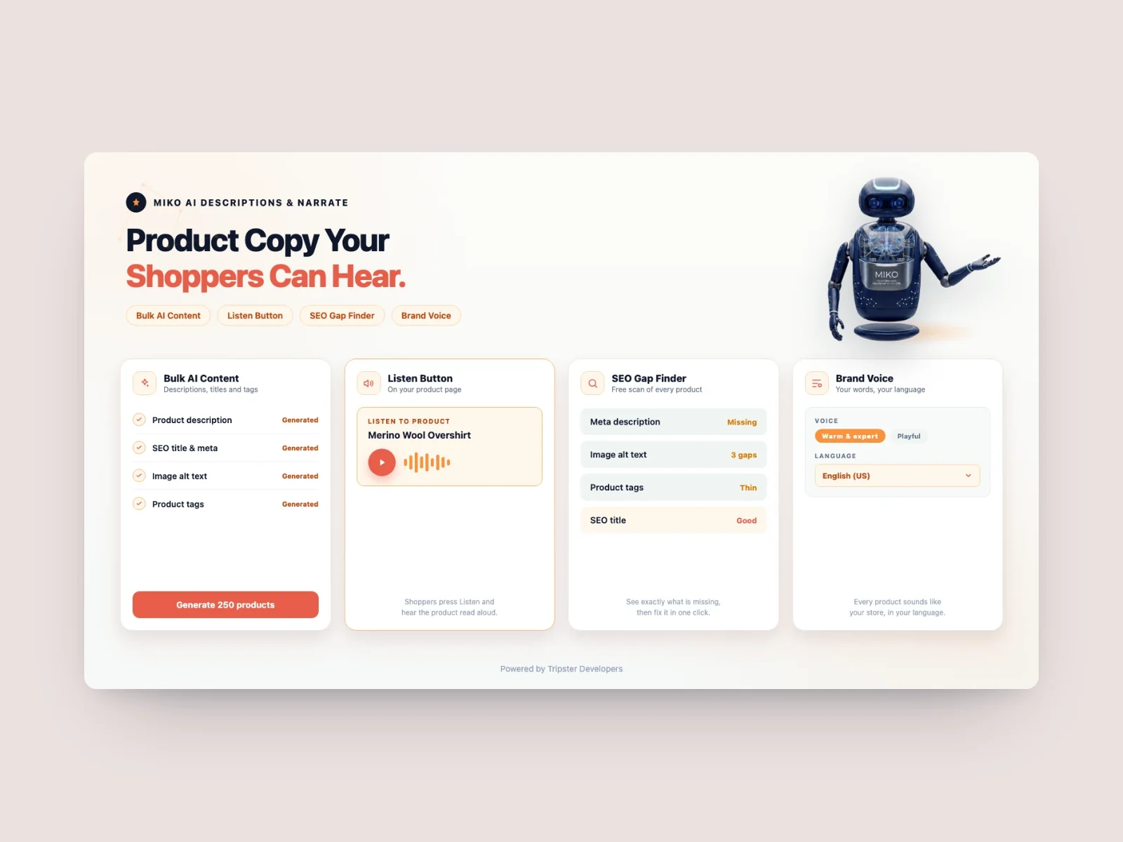 Miko AI Descriptions and Narrate, a Shopify content app we built