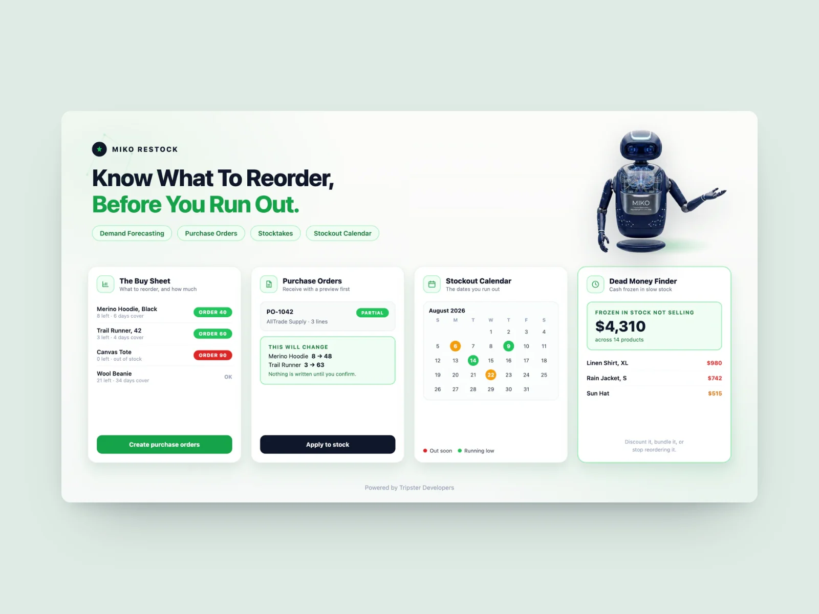 Miko Restock, a Shopify inventory and purchase order app we built