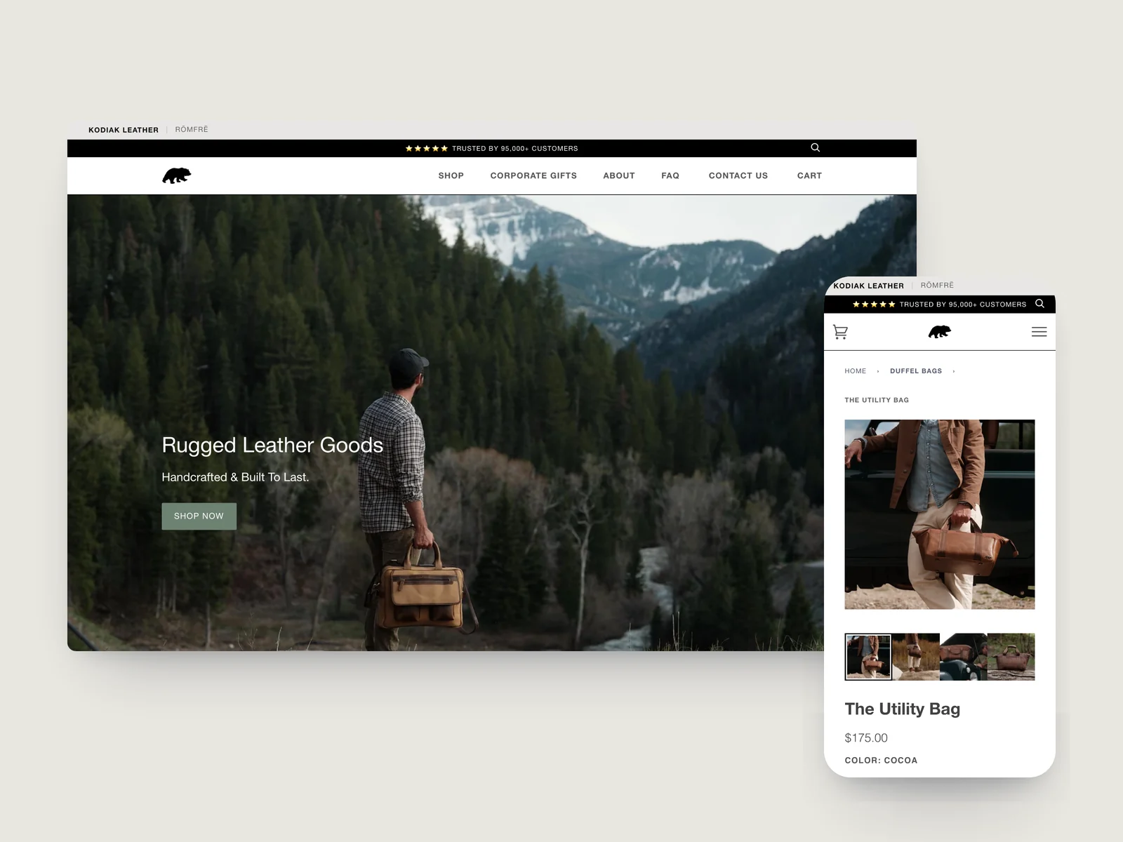 Kodiak Leather Shopify storefront on desktop and mobile, built by Tripster Developers