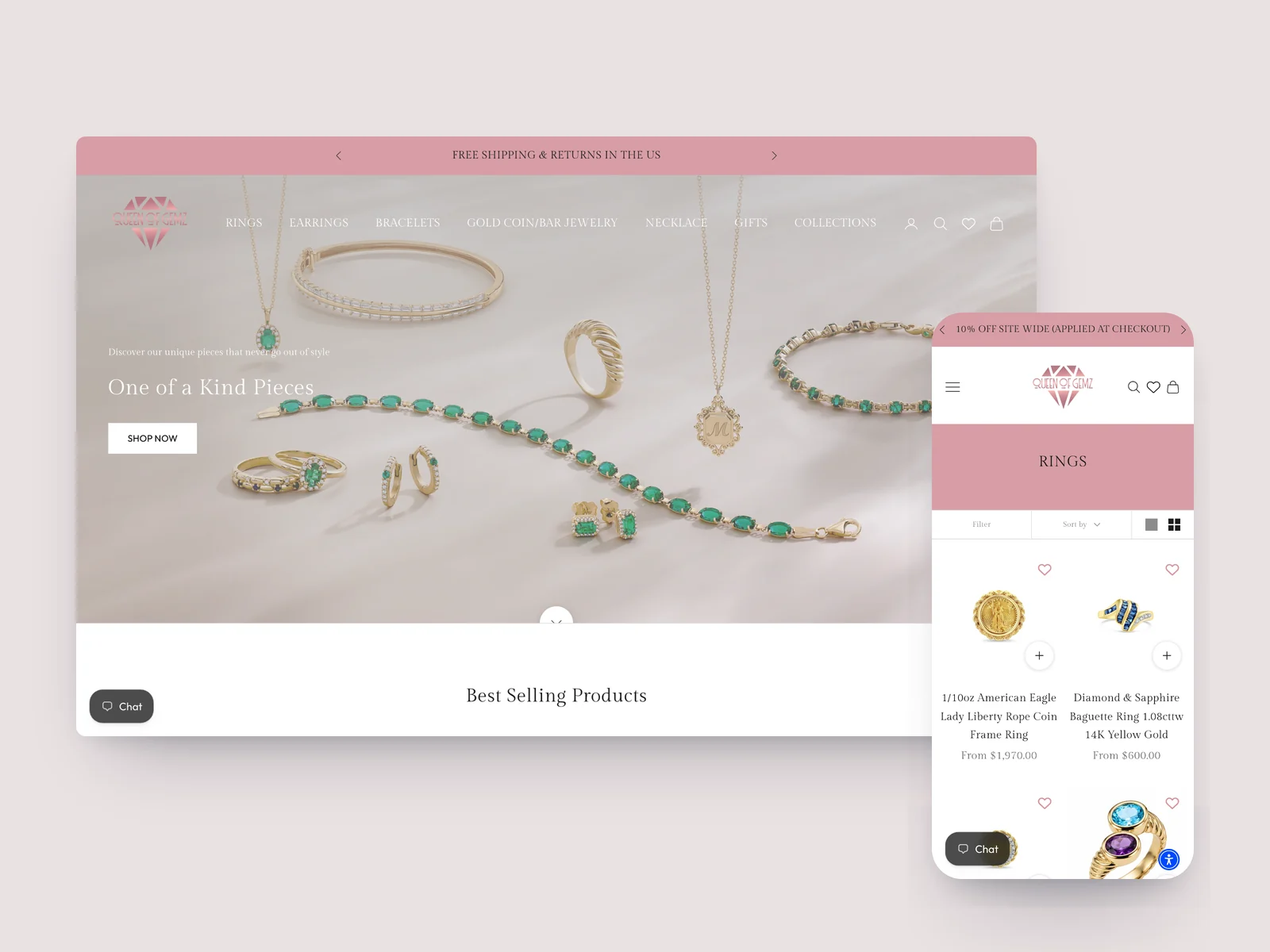 Queen of Gemz Shopify storefront on desktop and mobile, built by Tripster Developers